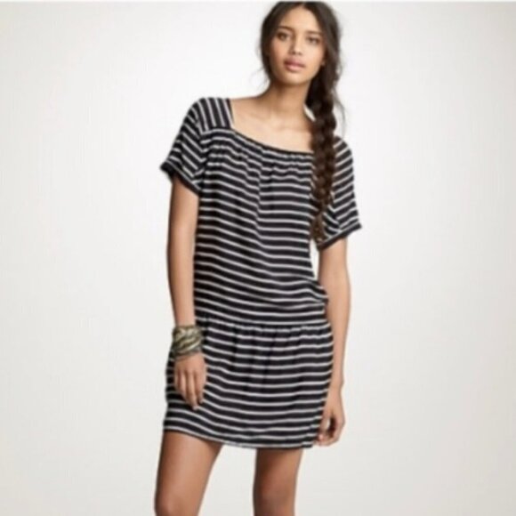 J. Crew Navy Striped 100% Silk Nautical Drop Waist Short Sleeve Mini Dress Small - Picture 2 of 11